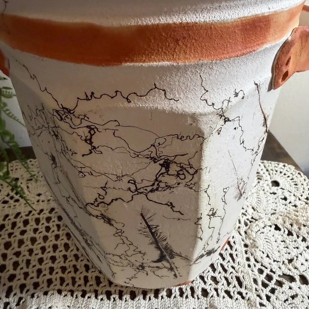 Vintage 2002 Signed Horsehair Feather Pottery Vase Octagonal Studio Art Ceramic